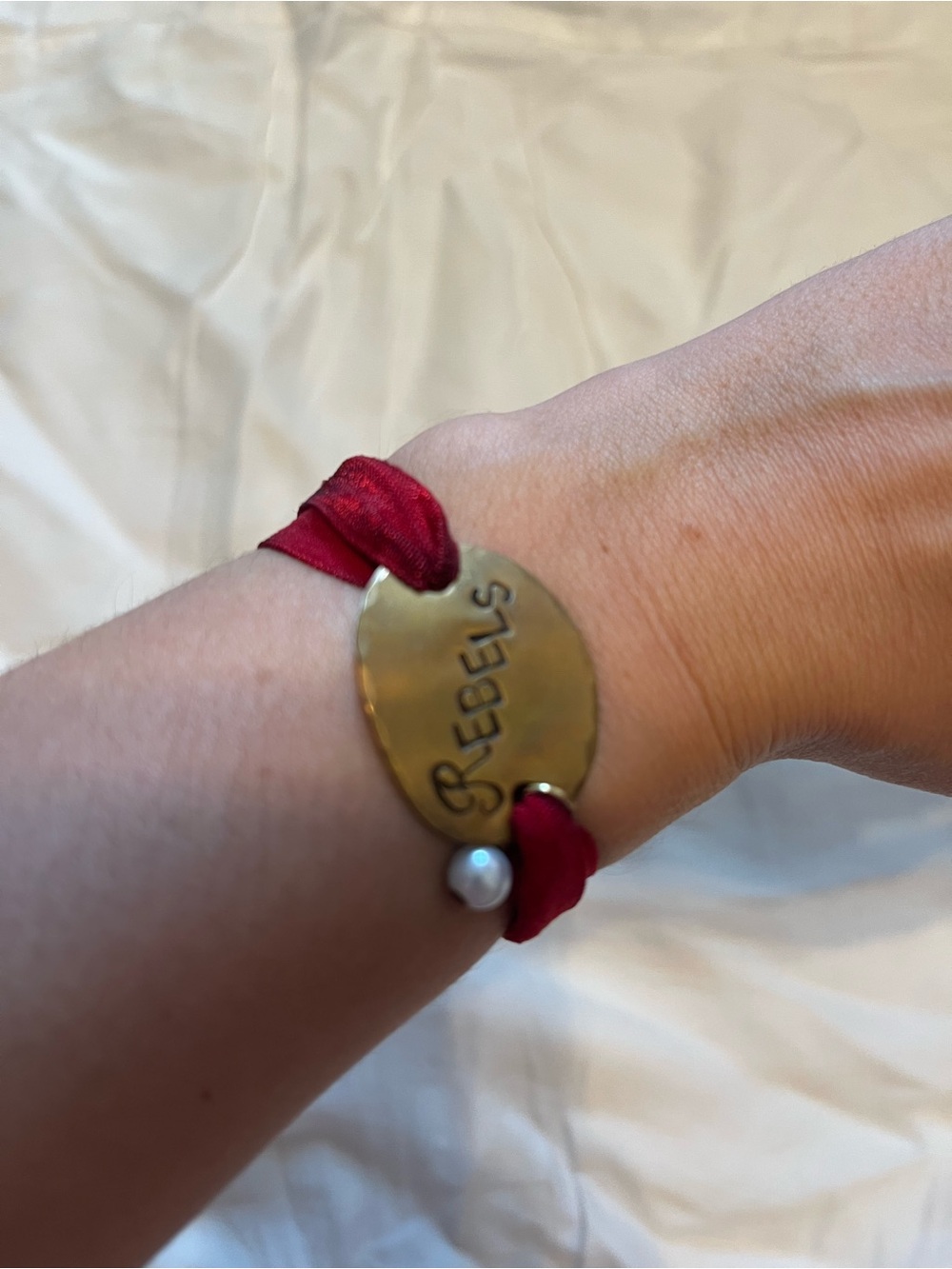 rebels Red Satin Ribbon Bracelet with Gold Plate and Pearl